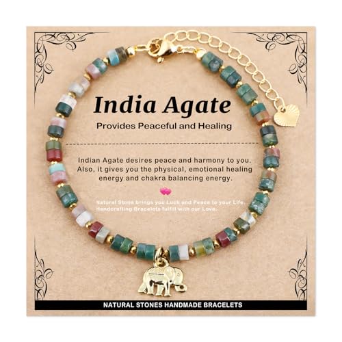 Natural Gemstone Healing Crystal Dainty Charms Bracelet Adjustable Chain Extender Minimalist Jewelry - color: Indian Agate + Elephant