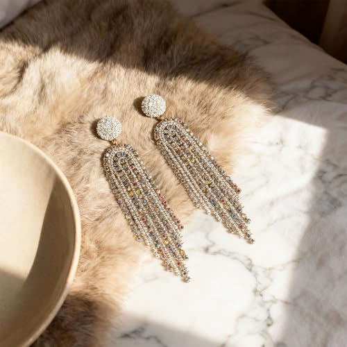 Fringe Dangling Tassel Earrings for Women, Handcrafted Chandelier Long Bohemian Beaded Cubic Zirconia Crystal Imitation Pearls Inlay Statement Boho Chain Hook Earrings for Wedding Party - color: Colorful White Fringe