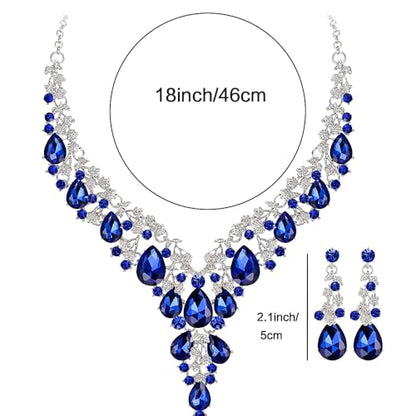 Bridal Bridesmaid Austrian Crystal Jewelry Set, Floarl rhinestone Statement Neckace Teardrop Necklace Drop Dangle Earrings Set - color: Royal Blue -Silver Tone