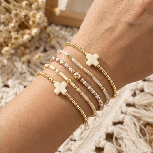 Gold Bracelets for Women, Beaded Cross Stack, Non Tarnish Set，Set-1 | Gold Beaded Bracelet Stack with Stretch Fit, Waterproof Finish and Dainty Design for Everyday Wear and Gifts - color: Colors-7