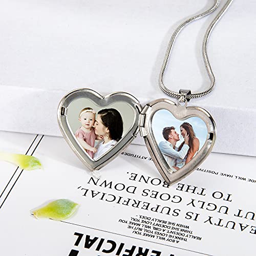 Farfume Personalized Photo Necklace for Women/Men, Memorial Jewelry Gifts | Holds 2 Pictures Pendant, Custom Engraved Text, Beautiful Locket for Girls, Durable Stainless Steel, Mothers Day Gifts - color: Heart Locket Silver