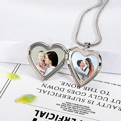 Farfume Personalized Photo Necklace for Women/Men, Memorial Jewelry Gifts | Holds 2 Pictures Pendant, Custom Engraved Text, Beautiful Locket for Girls, Durable Stainless Steel, Mothers Day Gifts - color: Heart Locket Silver