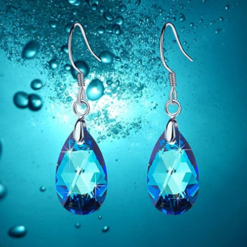 Austrian Crystal Teardrop Drop Earrings for Women, French Hook | 925 Sterling Silver Hook, Crystal Dangle Earrings, Sparkly Teardrop Stone, Lightweight Feel, Day-To-Evening Wear - color: Bermuda Blue