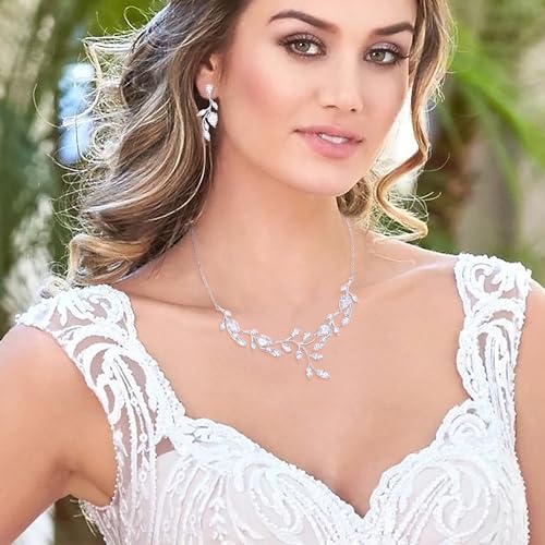 Crysdue Women's Wedding Bridal Jewelry Set for Brides Bridesmaids Cubic Zirconia Flower Leaf Vine Necklace Dangle Earrings for Prom Party - style: 23-silver