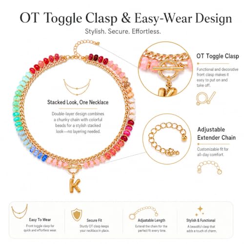 Colorful Beaded Bubble Letter Necklace For Women, Boho Double Layer Dopamine Rainbow Resin Beads Thick Cuban Chain Chunky With Initials Pendant Necklaces Summer Beach Jewelry Gift ﻿ - color: Dop F