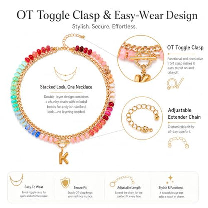 Colorful Beaded Bubble Letter Necklace For Women, Boho Double Layer Dopamine Rainbow Resin Beads Thick Cuban Chain Chunky With Initials Pendant Necklaces Summer Beach Jewelry Gift ﻿ - color: Dop F