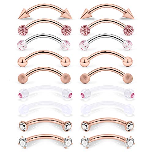 9 Pairs 16G Stainless Steel 3mm Clear CZ Glitter Ball Curved Barbell Eyebrow Tragus Lip Belly Ring Piercing Jewelry 3/8"(10MM) Rose Gold - color: 18PCS - Rose Gold