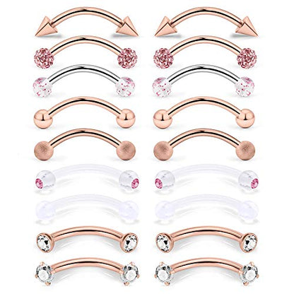 9 Pairs 16G Stainless Steel 3mm Clear CZ Glitter Ball Curved Barbell Eyebrow Tragus Lip Belly Ring Piercing Jewelry 3/8"(10MM) Rose Gold - color: 18PCS - Rose Gold