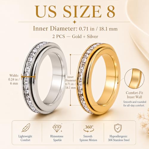 Spinning Fidget Rings for Women, Ultra Quiet Rhinestone Spinner Ring for Stress and Anxiety Relief, Everyday Matching Couple Rings, 2Pcs Gold and Silver Hypoallergenic 304 Stainless Steel, Size 8