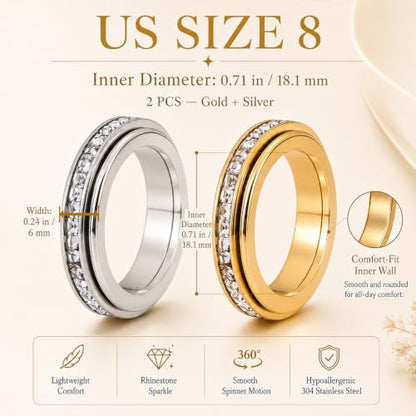 Spinning Fidget Rings for Women, Ultra Quiet Rhinestone Spinner Ring for Stress and Anxiety Relief, Everyday Matching Couple Rings, 2Pcs Gold and Silver Hypoallergenic 304 Stainless Steel, Size 8