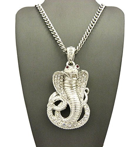 Fashion 21 Pave Red Eye Cobra Pendant 24" Rope, 36" Cuban Chain Necklace in Gold, Silver Tone Plated - style: Silver Tone / 36" Cuban Chain