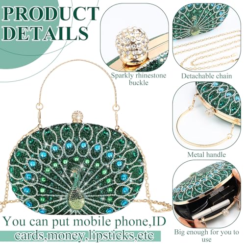 Quelay 4 Pcs Purse Rhinestone Jewelry Set Women | Wedding Bridal Prom Jewelry Sparkly Clutch Handbag with Necklace Bracelet Dangle Earrings Shiny Costume Kit - color: Green, style: Luxurious