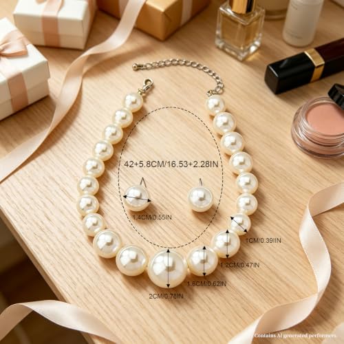 Chunky Pearl Necklace Earrings Set White Big Large Faux Pearl Pendant