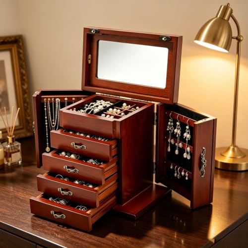 Vintage Rustic Wooden Jewelry Box, Wood Jewelry Organizer with 4 Drawers & 2 Side Doors, Large Storage Box with Mirror for Necklaces Rings Earrings, Gift for Women