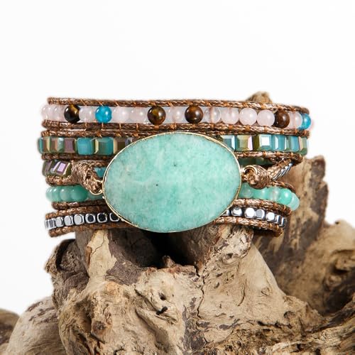 Women Wrap Bracelets Boho Natural Stone Jasper Turquoises Strand Bracelet Jewelry Collection - color: Amazonite