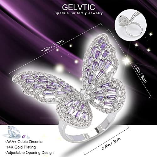 Butterfly Rings for Women Adjustable Golden Cocktail Ring Sparkly Stones Statement Silver Bow Open Wrap Bow Jewelry Bridesmaids Wedding Valentine’s Day Gift Lover Mother - color: JZ03-Silver Purple