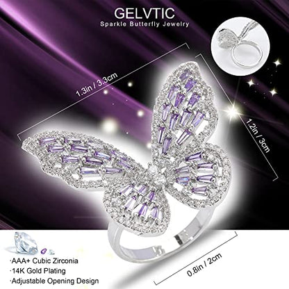 Butterfly Rings for Women Adjustable Golden Cocktail Ring Sparkly Stones Statement Silver Bow Open Wrap Bow Jewelry Bridesmaids Wedding Valentine’s Day Gift Lover Mother - color: JZ03-Silver Purple