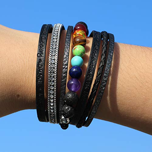 Vercret Leather Wrap Bracelet for Women, Multi-Layer Cuff Bangle | Boho Stacked Bracelets with Safe Clasp Western Bangle Jewelry Gift for Lady and Mom Sister Friend - style: Chakra