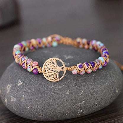 Women Boho Wrap Bracelet,Handmade Natural Stone Crystal Emperor Beads Heart Bracelet, Fashion Bohemian Jewelry Gift for Women - color: Purple Emperor #2