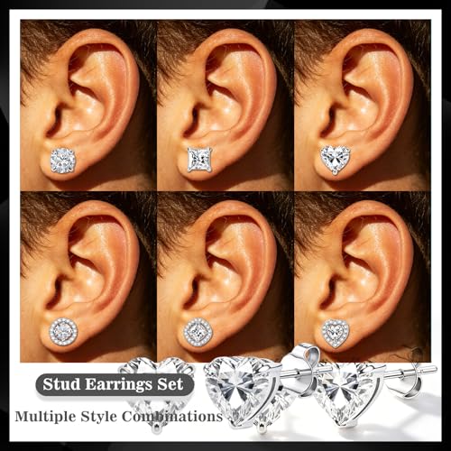 ONESING 6 Pairs Stud Earrings for Women 14K Gold/Silver Plated Hypoallergenic Cubic Zirconia Earrings Studs Stianless Round Square Heart CZ Stud Earrings Set for Women Men - color: Silver