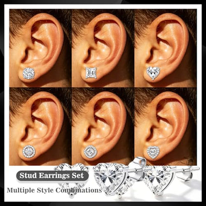 ONESING 6 Pairs Stud Earrings for Women 14K Gold/Silver Plated Hypoallergenic Cubic Zirconia Earrings Studs Stianless Round Square Heart CZ Stud Earrings Set for Women Men - color: Silver