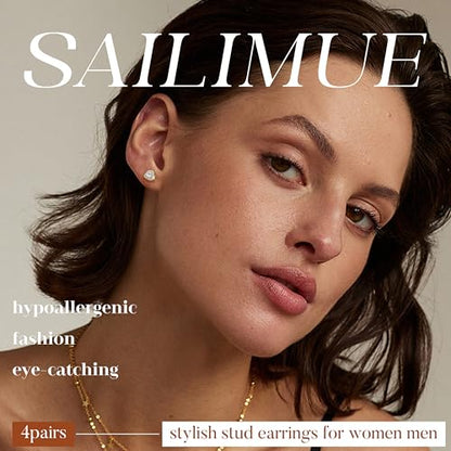 SAILIMUE Hypoallergenic Sterling Silver Stud Earrings for Women Men | Brilliant Heart Knot Round Cubic Zirconia Earring Studs for Sensitive Ears Gold Silver Tone - color: gold-A