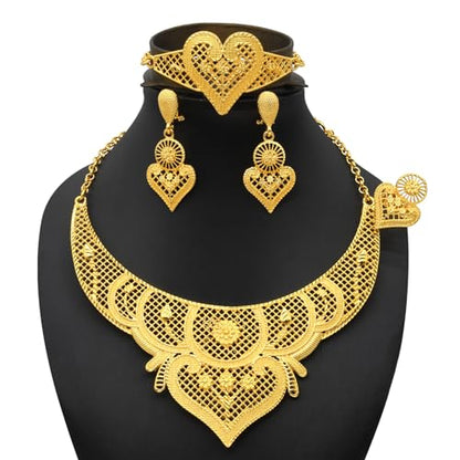 indian Women Jewelry Necklace Set african Dubai Bride Wedding Prom Fashion Jewelry 24K Gold Plated Necklace Bangles Rings Earrings - color: S-349