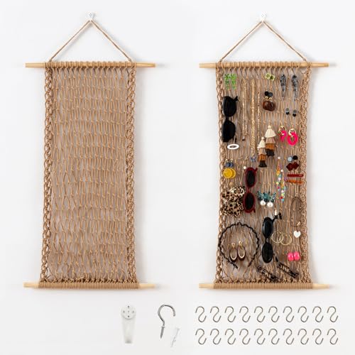 Hanging Jewelry Mesh Organizer with 20 Pieces S Shape Hooks | Macrame,Wall Mounted,Necklaces Storage,Earring Display Rack,Girls Hair Clips Hanger,for Bracelets and Rings, Twine Color - color: Twine Color