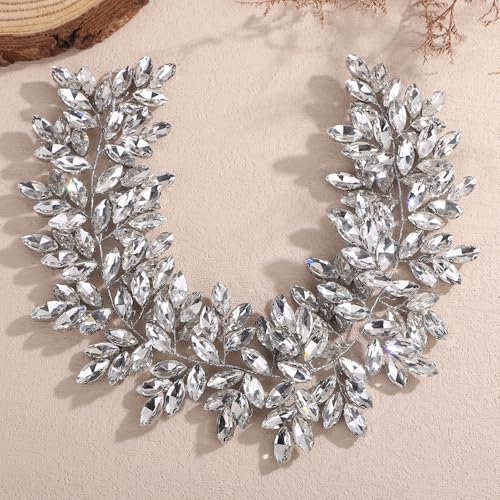 Missgrace Women Silver Green Black Red Blue Handmade Full Crystal Rhinestone Large Headband Hair Vine Shinny Headpiece Bridal Wedding Hair Accessories for Women (Silver) - color: Silver