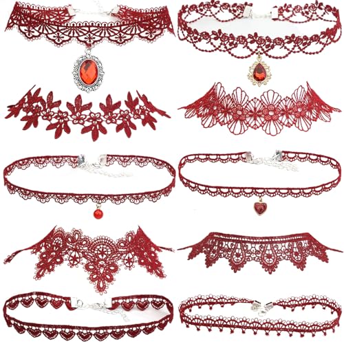 Pink Lace Choker Necklace Set, 10 Pieces - color: Red