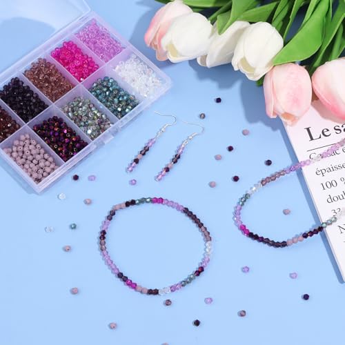 1200Pcs 4mm 10 Colors Faceted Crystal Glass Bicone Beads Loose Bead for DIY Bracelet Necklace Earring Keychain Jewelry Making,Purple - color: Purple
