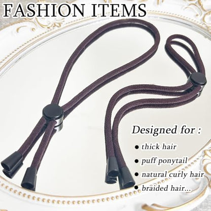 6pcs Brown Adjustable Hair Ties - Long, Extra Length Scrunchies for Thick Hair, Afro Puffs & Ponytails - One Handed Use - color: Brown