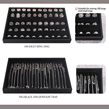 Julysky 4 Pcs/set Stackable Jewelry Organizer Trays for Drawer,100 Slots Ring Tray，Necklace Tray,12 Grid,24 Grid Jewelry Displays for Selling,Black - size: 100slot+Necklice+12grid+24grid