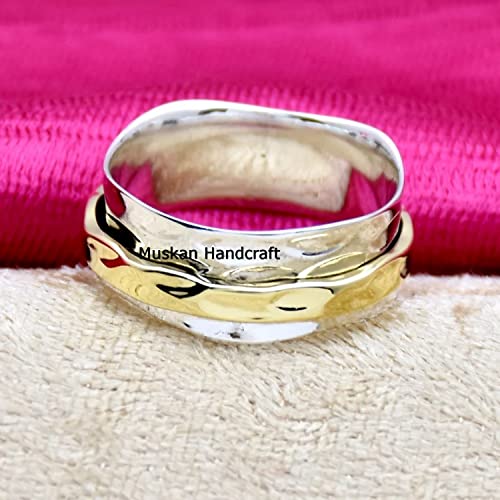 925 Sterling Silver Hammered Spinner Ring for Women Two Tone Gold Fidget Anxiety Ring Wide Band Custom Size 4 to 15 US Meditation Gift