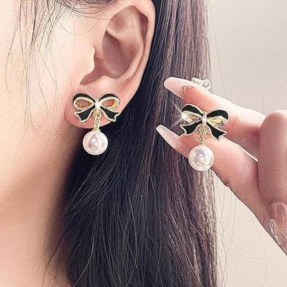 Gold Bow Earrings for Women, Long Tassel Chain Drop Earrings, Trendy Small Bow Earrings, Ribbon Waterfall Dangling Earrings, Pearl Bow Earrings, Sparkly Elegant Bowknot Preppy Jewelry Gifts for Women - color: Black Bow