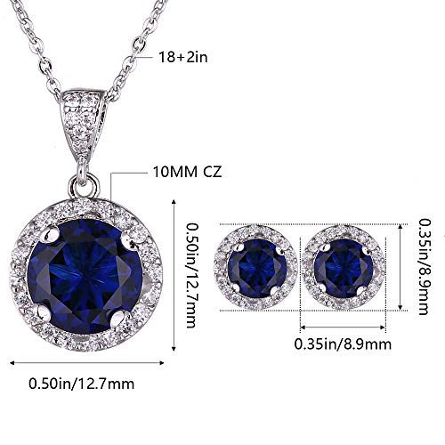 AMYJANE Halo Crystal Jewelry Set - Sterling Silver Round Cubic Zirconia Crystal Bridal Pendant Necklace Earrings Set for Wedding Bride Bridesmaids - color: Sapphire