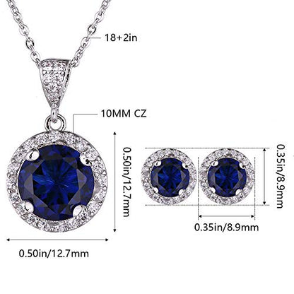 AMYJANE Halo Crystal Jewelry Set - Sterling Silver Round Cubic Zirconia Crystal Bridal Pendant Necklace Earrings Set for Wedding Bride Bridesmaids - color: Sapphire