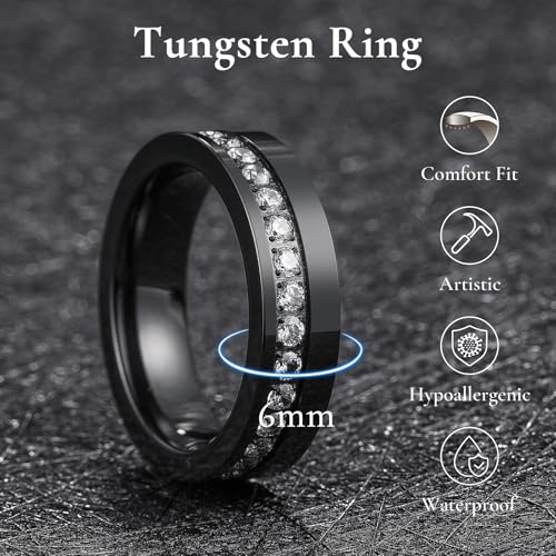 King Will Mens Tungsten Wedding Band with Cubic Zircon Inlay 7mm/8mm Flat Cut Comfort Fit Engagement Rings - color: Black&White-6mm