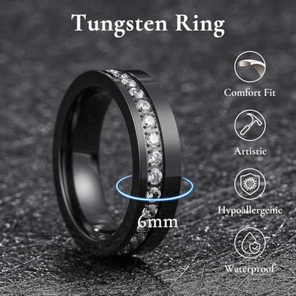 King Will Mens Tungsten Wedding Band with Cubic Zircon Inlay 7mm/8mm Flat Cut Comfort Fit Engagement Rings - color: Black&White-6mm
