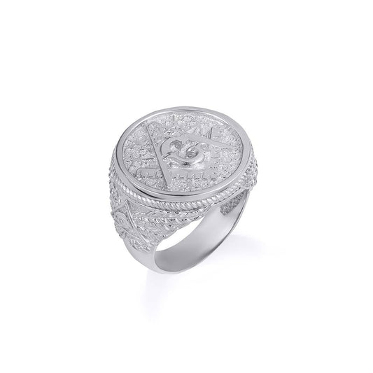 Claddagh Gold 10K and 14K Gold Freemason Square & Compass Clover Eye Of Protection Wreath Roped Signet Ring Available in Yellow, Rose and White Gold with multiple ring sizes - color: B. 14K White Gold