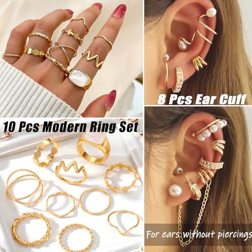 17IF 53 PCS(8 PACK) Silver Plated Jewelry Set for Women，4 Styles | with 6 Necklace 11 Ankle Bracelet 30 Kunckle Ring 6 Pair Earring Hoop Vintage Boho Pearl Birthday Travel Holiday - style: Classic