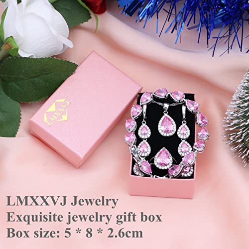 LMXXVJ Necklace Long Earrings Bracelet Set, White Gold Plated Created Blue Sapphire Jewelry Set Wedding Party Gift Jewelry for Women Bridal Bridesmaid - color: White Gold-Pink Ring