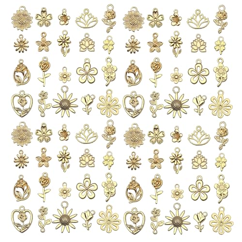 WOCRAFT 60pcs KC Gold Flowers Charms Bracelet Charms for Jewelry Making Sets DIY Necklace Bracelet Keychain Crafting Charms Kit Craft Supplies (SN878) - color: KC Gold, size: Flowers Charms