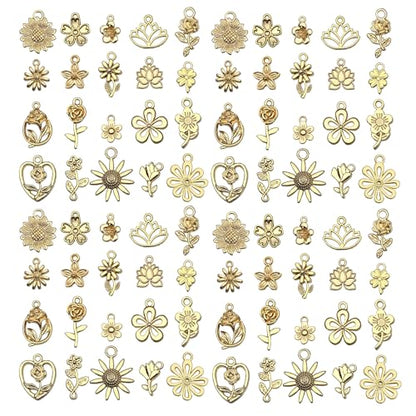 WOCRAFT 60pcs KC Gold Flowers Charms Bracelet Charms for Jewelry Making Sets DIY Necklace Bracelet Keychain Crafting Charms Kit Craft Supplies (SN878) - color: KC Gold, size: Flowers Charms