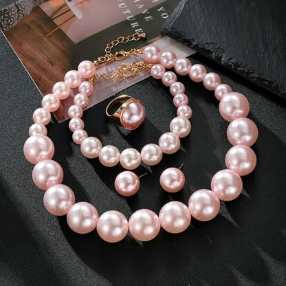 Large Big Simulated Pearl Adjustable Chain Necklace Bracelet Dangling Earrings Ring for Women Jewelry Set Imitation Dainty Elegant Wedding Party Birthday - color: pink