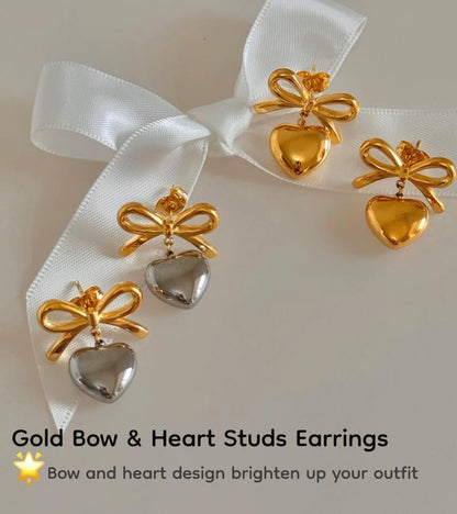 18K Gold Plated & Silver Chunky Heart & Bow Earrings for Women, Chunky Heart Dangle Hoops/Tiny Studs, Kawaii Dainty Hypoallergenic Jewelry for Multiple Piercings, Gift for Her - style: Bow&Heart-Gold