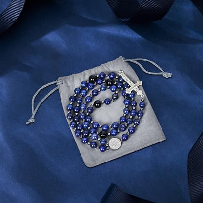 Rosary for Men Women, Natural Stone Beads with St. Benedict Bracelet | 8 mm Natural Stone Prayer Beads with 10 mm Accent Beads, St. Benedict Crucifix, Matching Bracelet, Gift Box and Pouch. - color: Lapis Lazuli