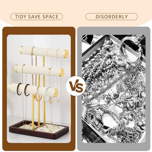 modern T-shaped jewelry rack, jewelry tower, gold metal, square ceramic base decoration display tower, necklace, bracelet, ring storage rack (3-layer beige velvet) - style: 3-layer beige velvet