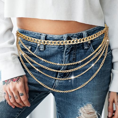 Molain Gold Layered Sparkly Rhinestone Chain Belt, Adjustable Bohemian Waist Belt Gold Rhinestones Belly Waistband for Women