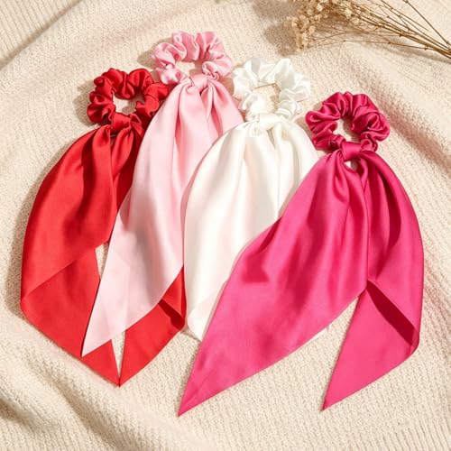 4PCS Hair Scarf Scruncheis for Women Knotted Bow Hair Ties Elastic Bands Satin Hair Ribbon Scrunchy Red Ponytail Holder for Women and Girls (Red/Pink/White Set) - color: Red/Pink/White Set